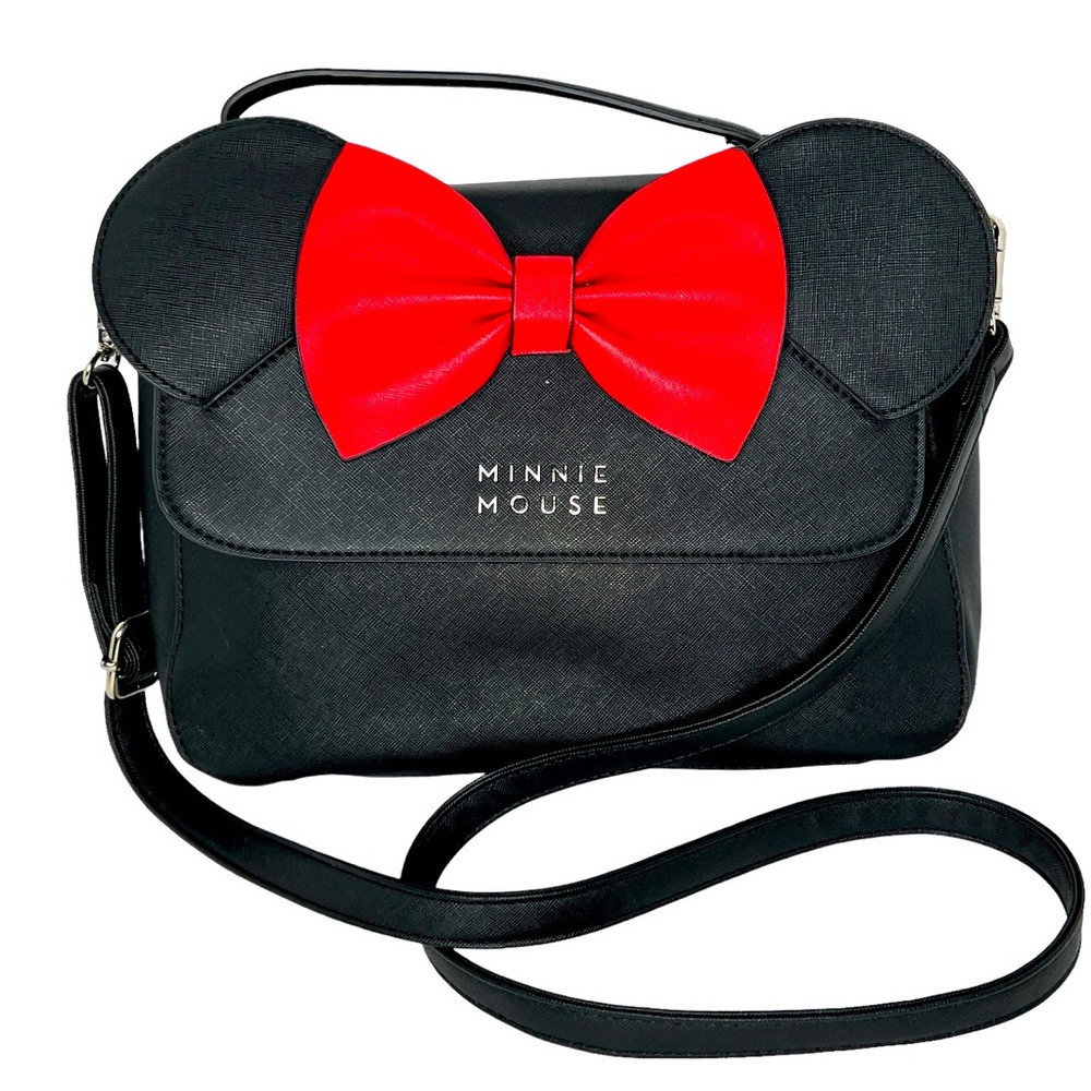 Disney Loungefly Black Leather Minnie Mouse With Bow And Ears Crossbody Bag